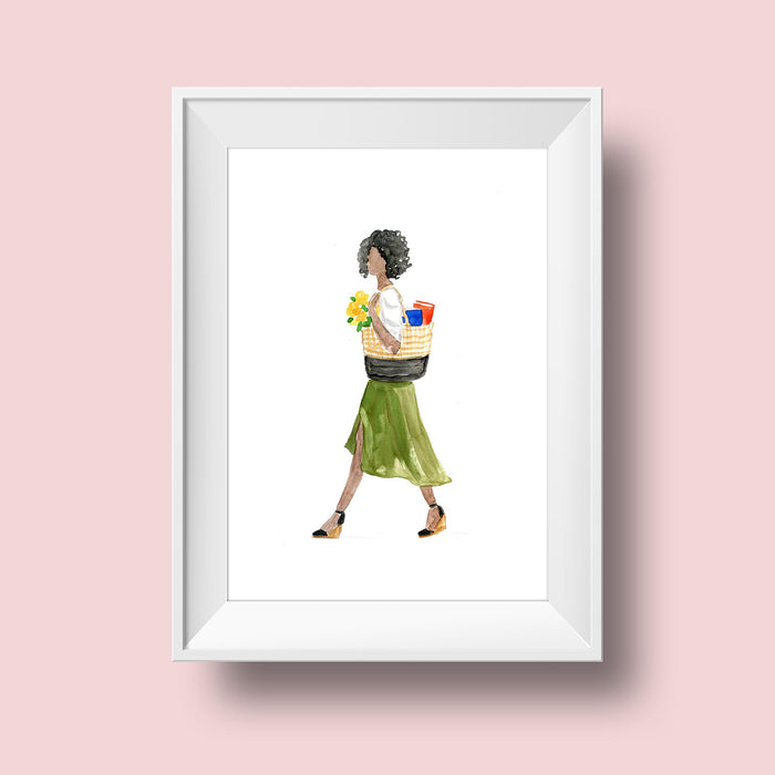 An illustration of a woman with a dark skin tone and black curly chin-length hair. She wears a short-sleeved white top, knee-length green skirt, and wedges. She carries a woven purse containing flowers and two books. She looks to be walking somewhere.