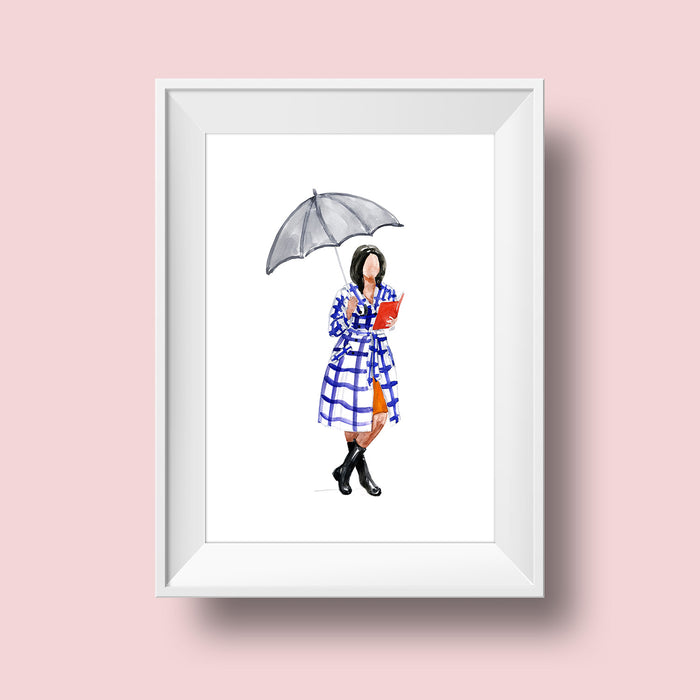 An illustration of a woman with a medium skin tone and shoulder length black hair. She holds a grey umbrella over her head and wears a blue checkered knee-length coat and black rainboots. An orange skirt peeks out from beneath the coat. She holds a red book open in her other hand as though actively reading.