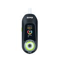 Black electronic device with digital display and green accents on a white background
