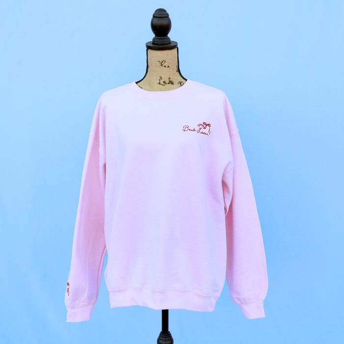Pink sweatshirt with a red embroidered book lover quote and bow on a mannequin against a blue background