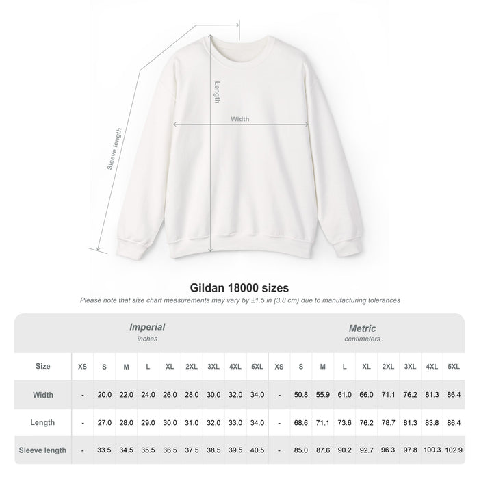 White sweatshirt with measurement chart on a white background