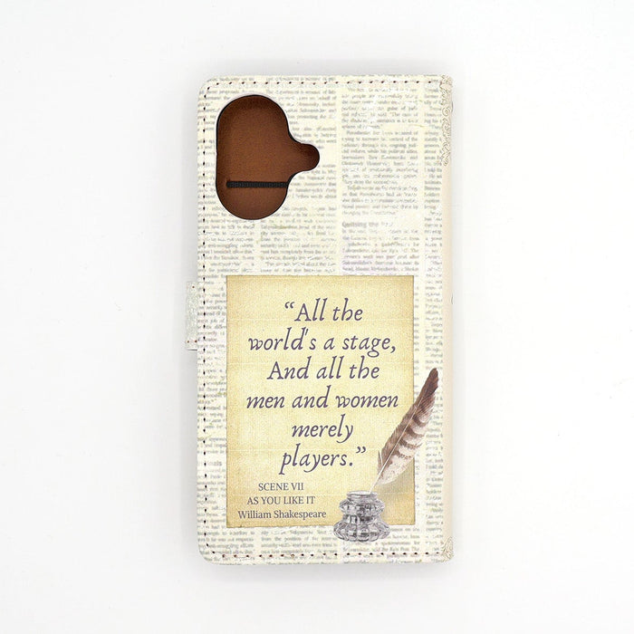 Phone case with Shakespeare quote and feather design on a white background