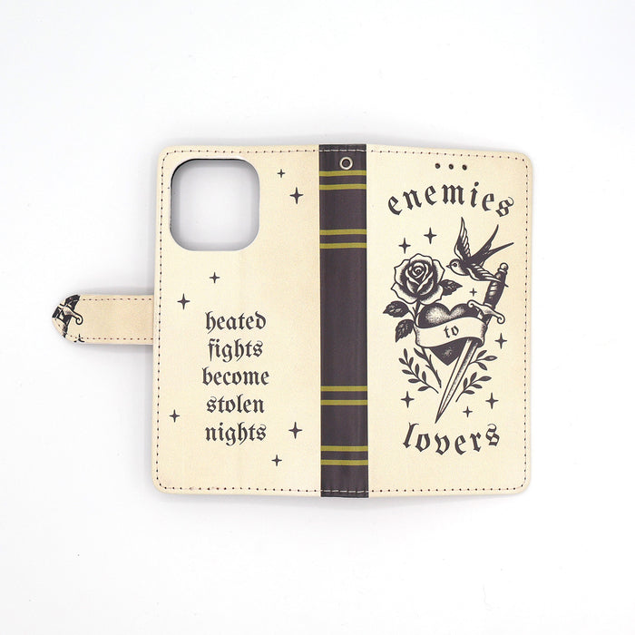 Phone case with tattoo-style enemies to lovers design and text on a white background