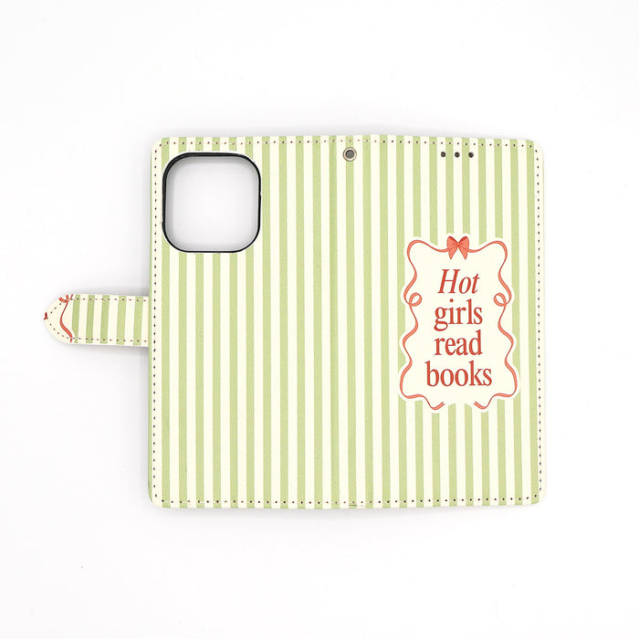 Phone case with green and white striped pattern and 'Hot girls read books' text on a white background