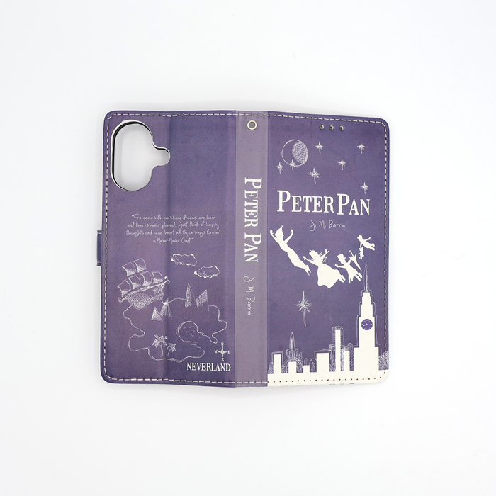 The front and back cover of a book-shaped phone case inspired by Peter Pan by J.M. Barrie.