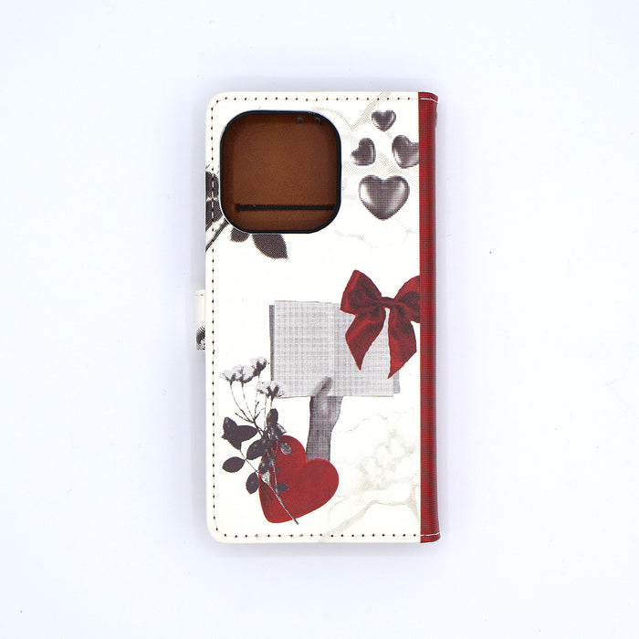 Phone case with heart and bow design on a white background