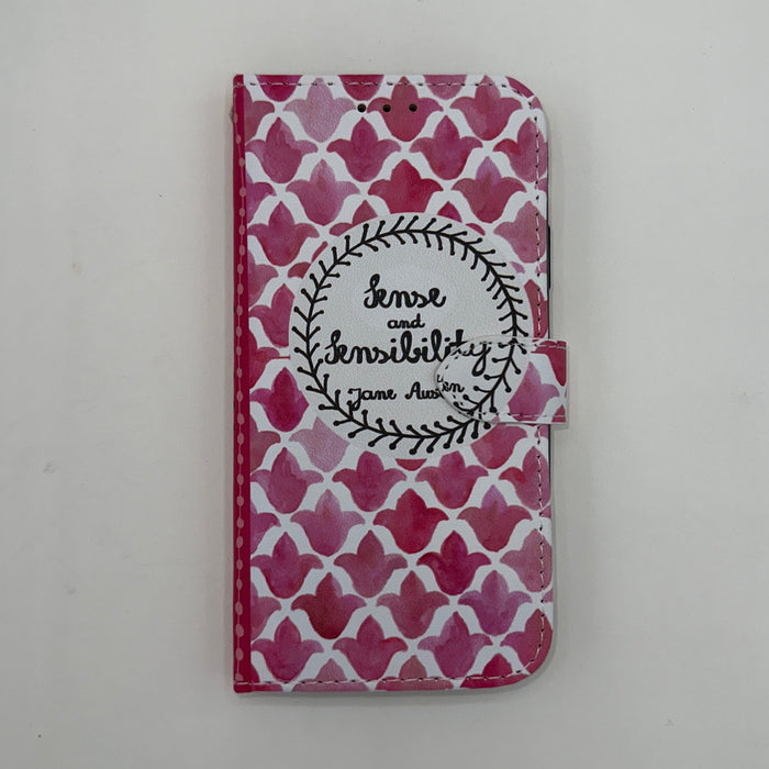 The front cover of a book-shaped phone case inspired by Sense and Sensibility by Jane Austen.