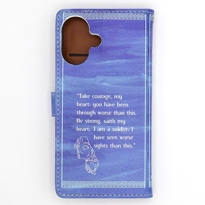 Blue phone case with text and a Greek sketch design on a white background