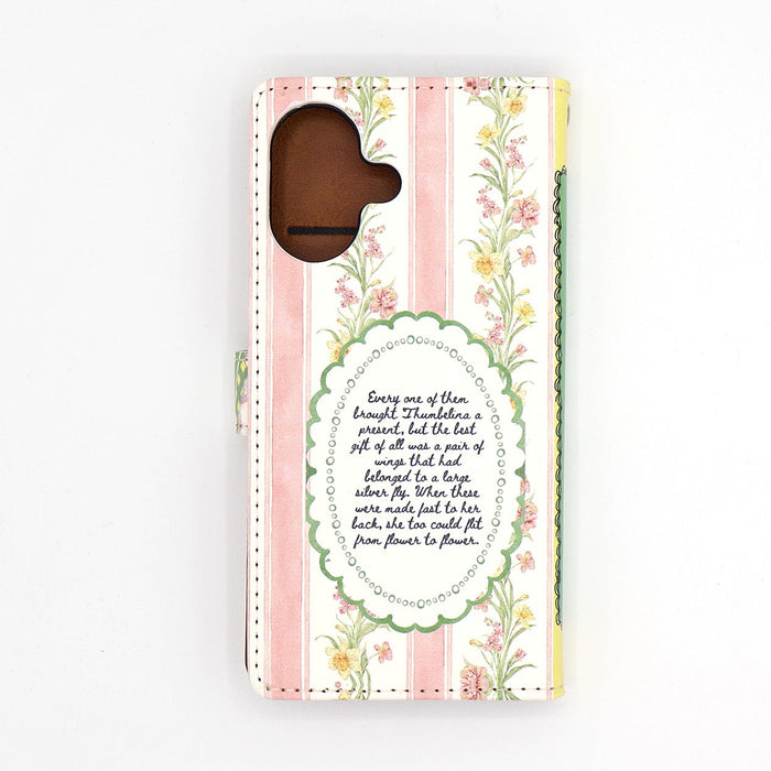 Phone case with floral design and text on a white background