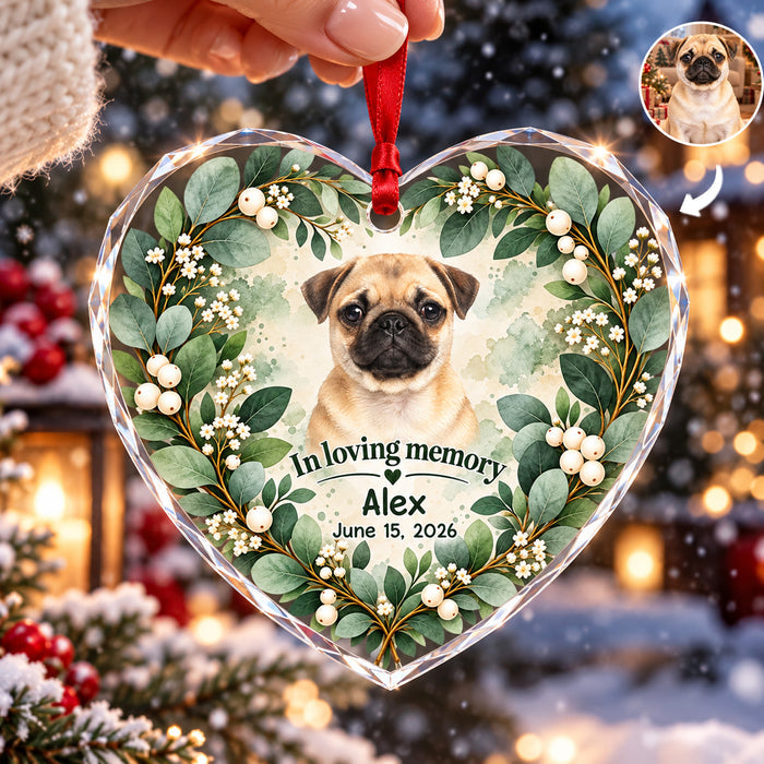Botanical Wreath Pet Memorial Heart- Personalized Glass Ornament, Sympathy Gift