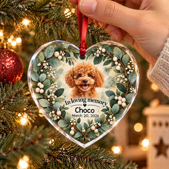 Botanical Wreath Pet Memorial Heart- Personalized Glass Ornament, Sympathy Gift
