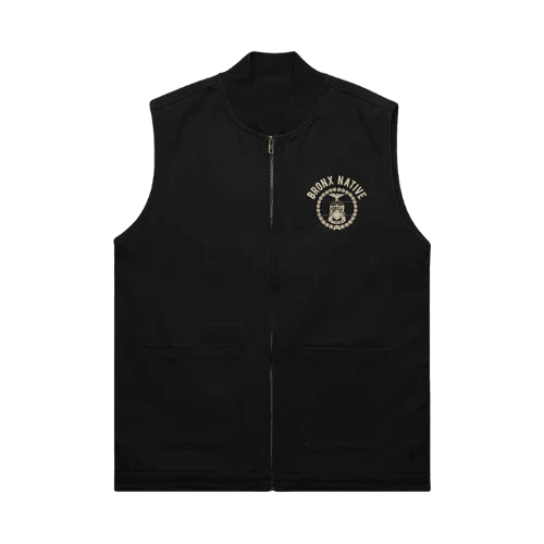 Black vest with a logo on the chest against a white background
