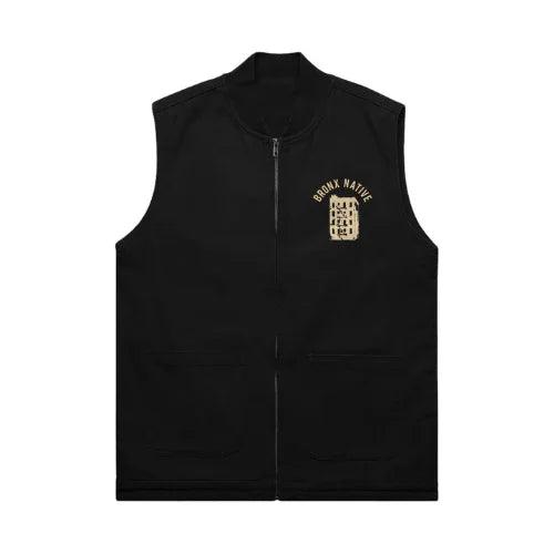 Black sleeveless jacket with a logo on the chest against a white background