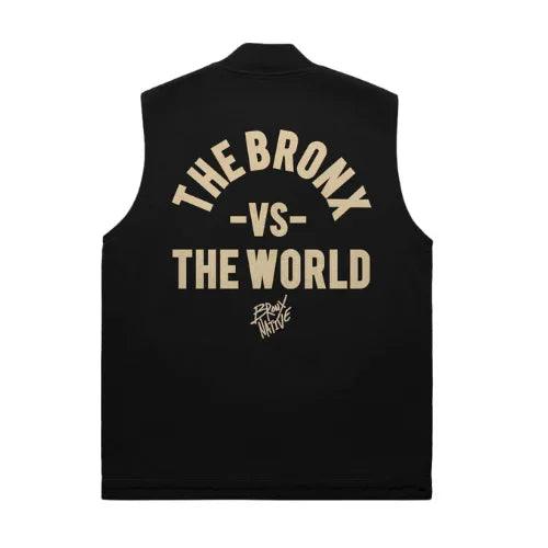 Black sleeveless jacket with 'The Bronx vs The World' text on a white background