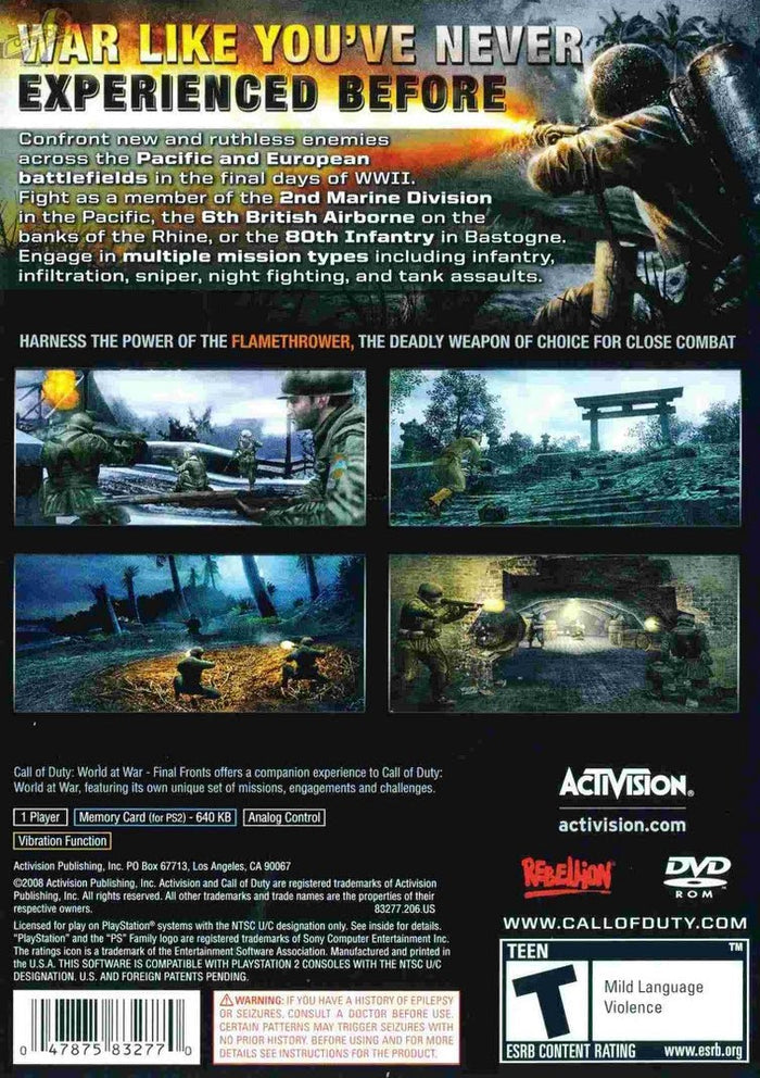 Call of Duty:  World at War Final Fronts PS2 - Video Game - Used - CaveGamers - Image 2