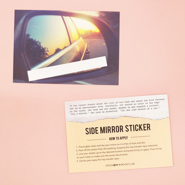 A photo of a car mirror with a white rectangular sticker on it next to a card that says Side Mirror Sticker How to Apply