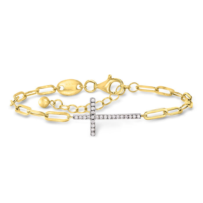 Two-tone sterling silver paper-clip link bracelet with CZ cross centerpiece