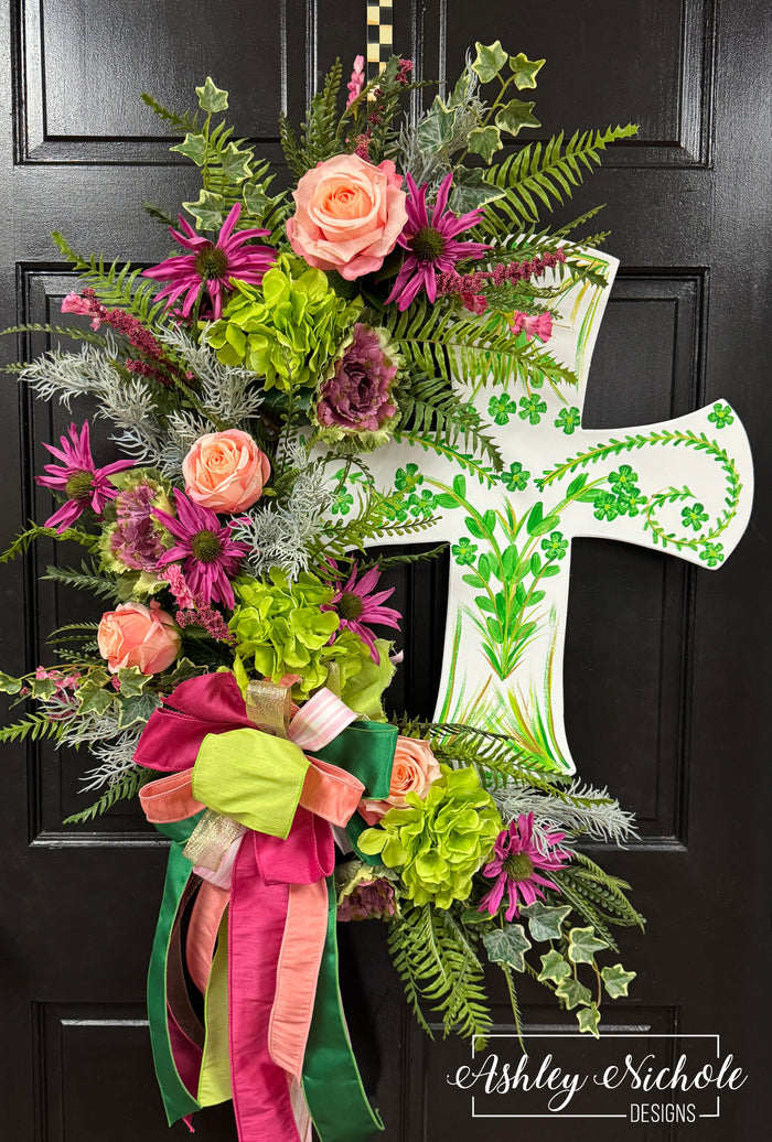 Chinoiserie Inspired CROSS Wreath - GREEN