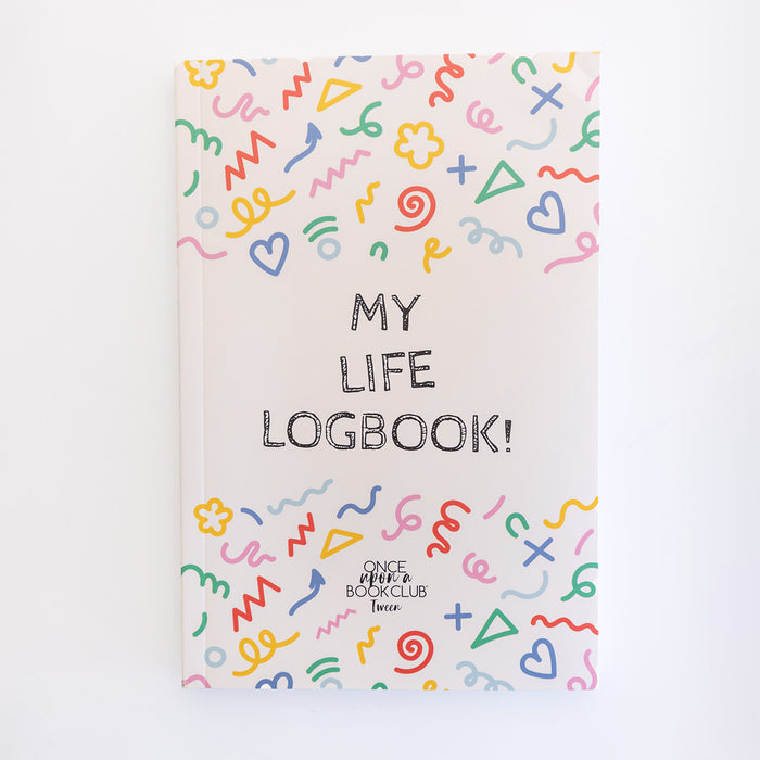 A white journal with colorful squiggles on the top and bottom of the cover. The middle says My Life Logbook! OUABC Tween.