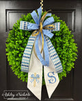 Embroidered Cross & Initial Sash Bow Eucalyptus ROUND Wreath - 28"- UV Protected