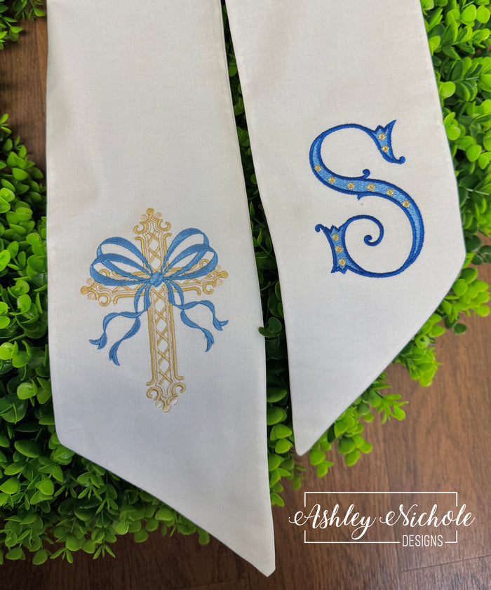 Embroidered Cross & Initial Sash Bow Eucalyptus ROUND Wreath - 28"- UV Protected