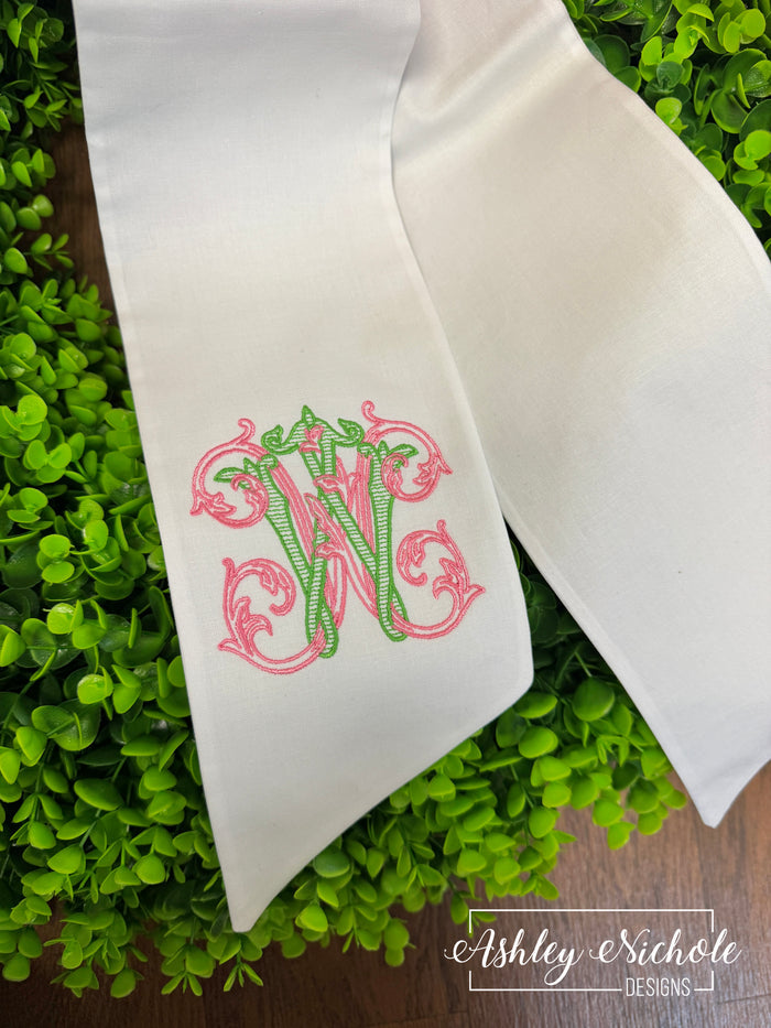 Embroidered Fancy Initial Sash Bow Eucalyptus ROUND Wreath - 28"- UV Protected