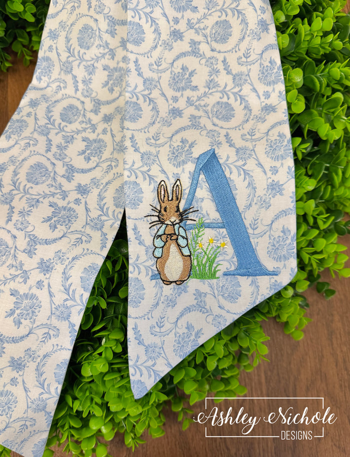 Embroidered Peter Rabbit Initial Sash Bow Eucalyptus ROUND Wreath - 28"- UV Protected