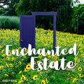 July Adult Hint: A Purple doorway in a field of yellow flowers with 'Enchanted Estate' text overlay.