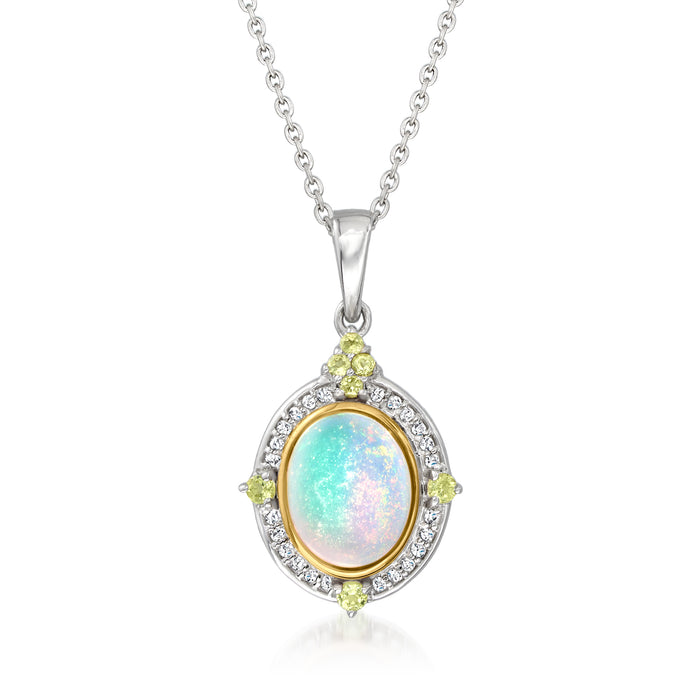 Sterling silver pendant necklace with oval opal, diamond halo, peridot and gold accents