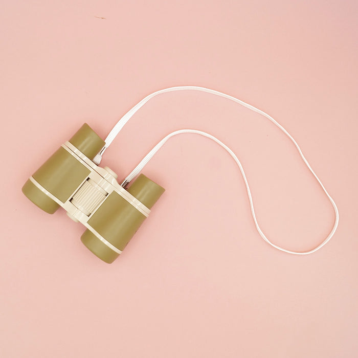 Olive green binoculars with a white neck strap