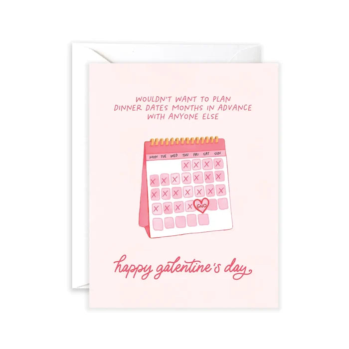 A greeting card for Galentine's Day featuring a calendar with marked dates and the text 'Happy Galentine's Day' on a pink background. Includes an envelope with a light blush color.