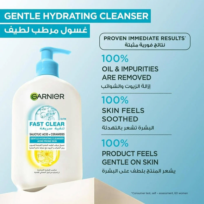 GARNIER  Fast Clear Gentle Cleanser Face Wash for Acne Prone Skin 250ml