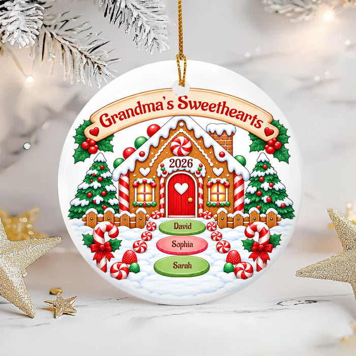 Grandma's Sweethearts- Personalized Ceramic Ornament,  Winter Gingerbread Grandma's House Ornament, Gift For Grandma