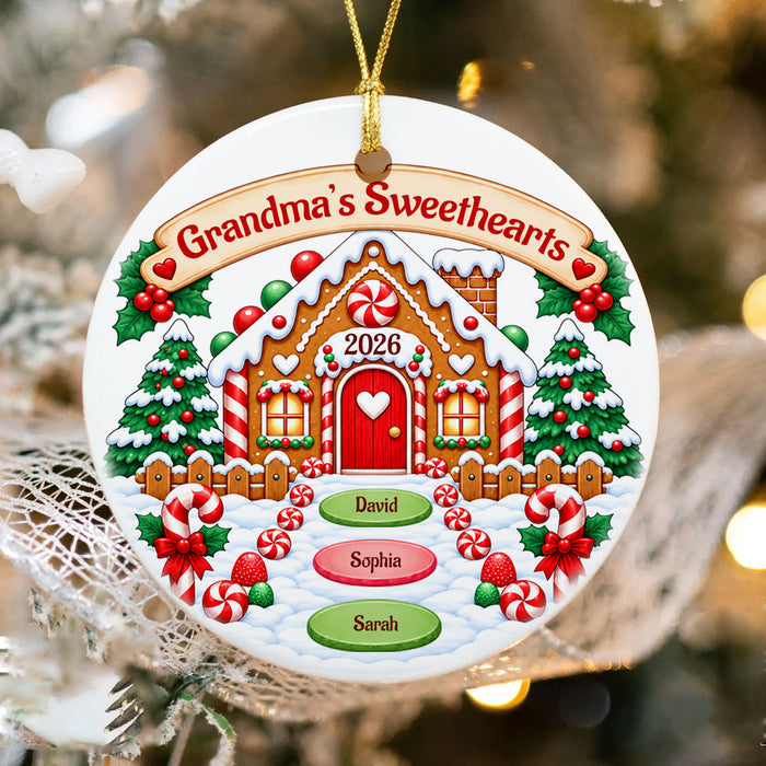 Grandma's Sweethearts- Personalized Ceramic Ornament,  Winter Gingerbread Grandma's House Ornament, Gift For Grandma