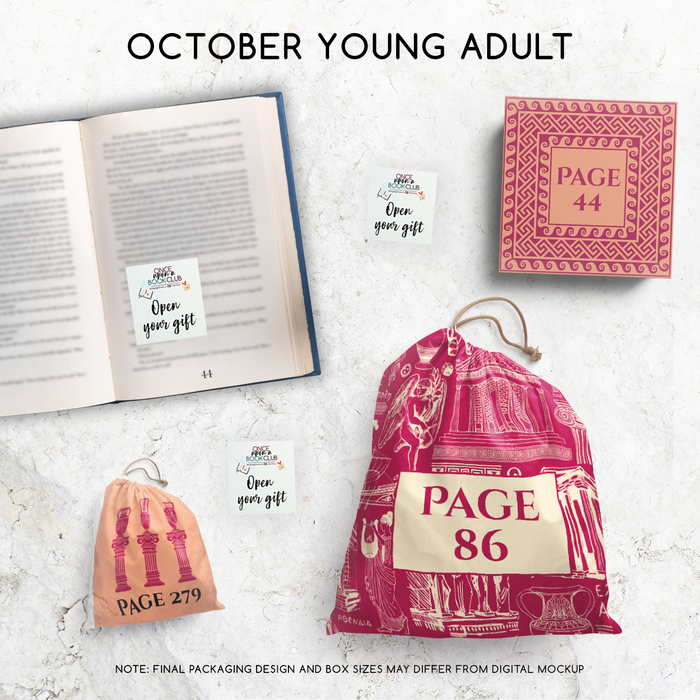 A collection of gifts in a digital mockup to represent what will be included in your order! An open book sits to the left of the image. On the book's page is a sticky note that reads 'Open Your Gift'. The page number in the book corresponds with one of the page numbers on the gift packaging laying on the surrounding background.