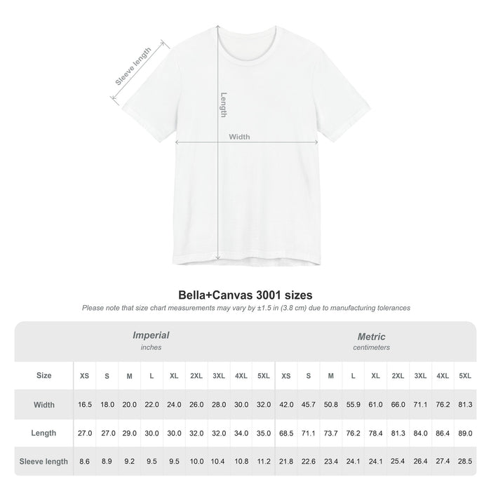 White t-shirt with measurement chart on a white background