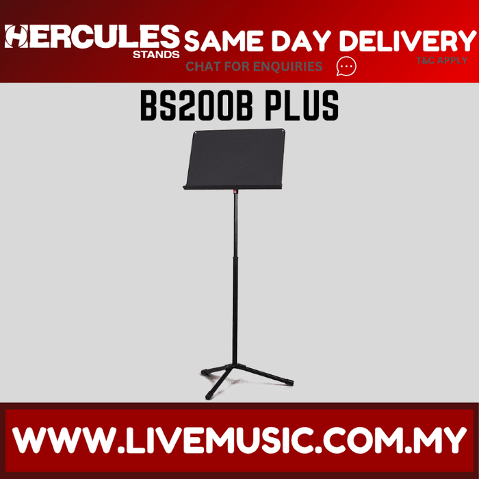 Black symphony music stand with rectangular tray and three-leg tripod base