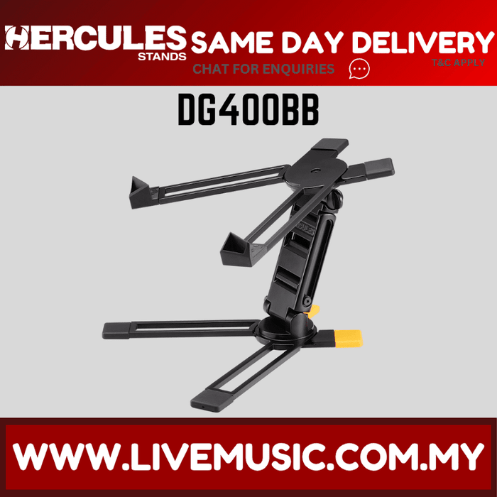 Adjustable black metal laptop stand with folding arms and supportive base
