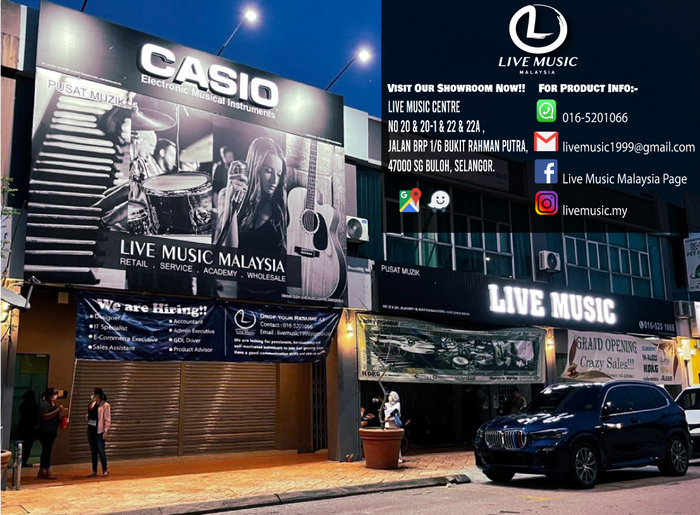Music store exterior with large signage