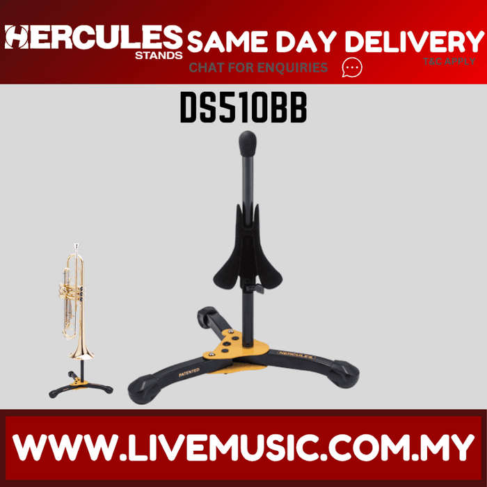 Trumpet/cornet stand with black tripod legs, yellow mounting plate and bell support