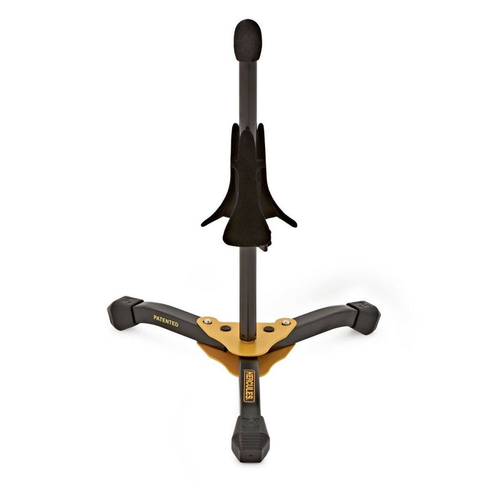 Trumpet/cornet stand with central vertical post, black yoke and yellow plate