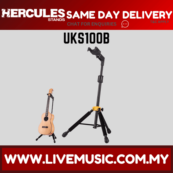 Black ukulele stand with tripod legs and support cradle for small instruments