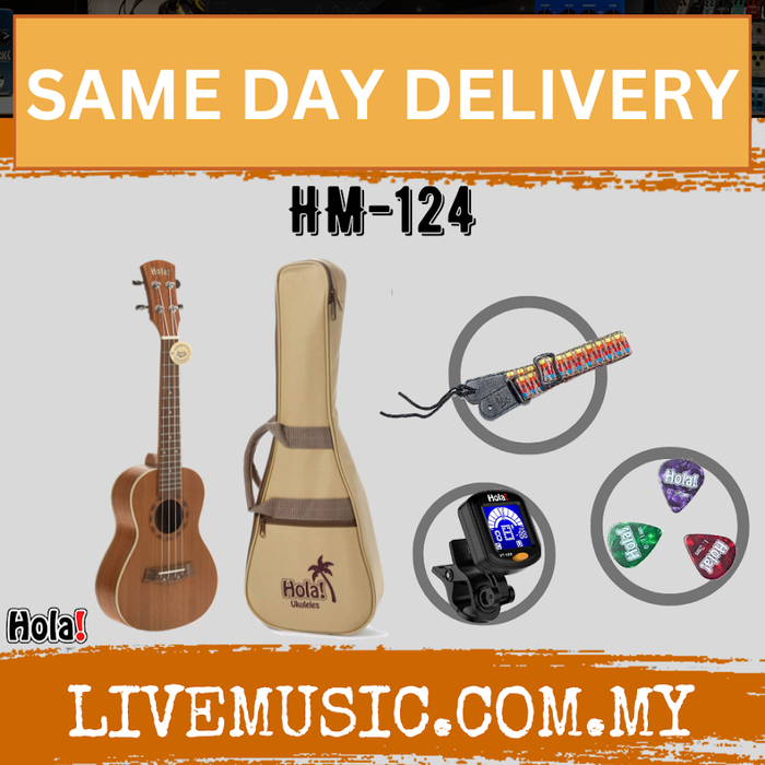 Mahogany concert ukulele set with tan gig bag, strap, picks, and tuner