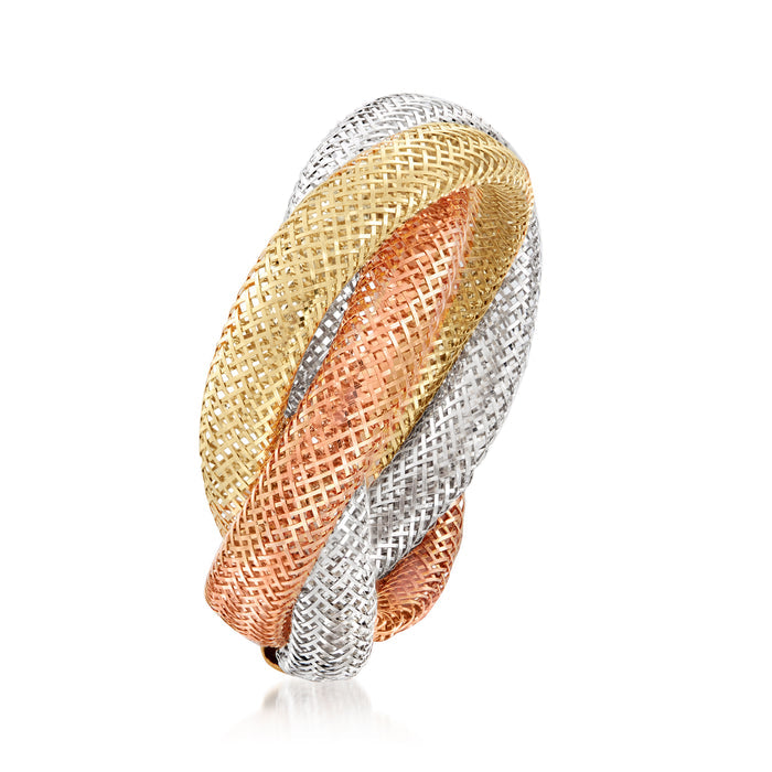 Twisted mesh gold ring with orange, yellow, and white interwoven sections
