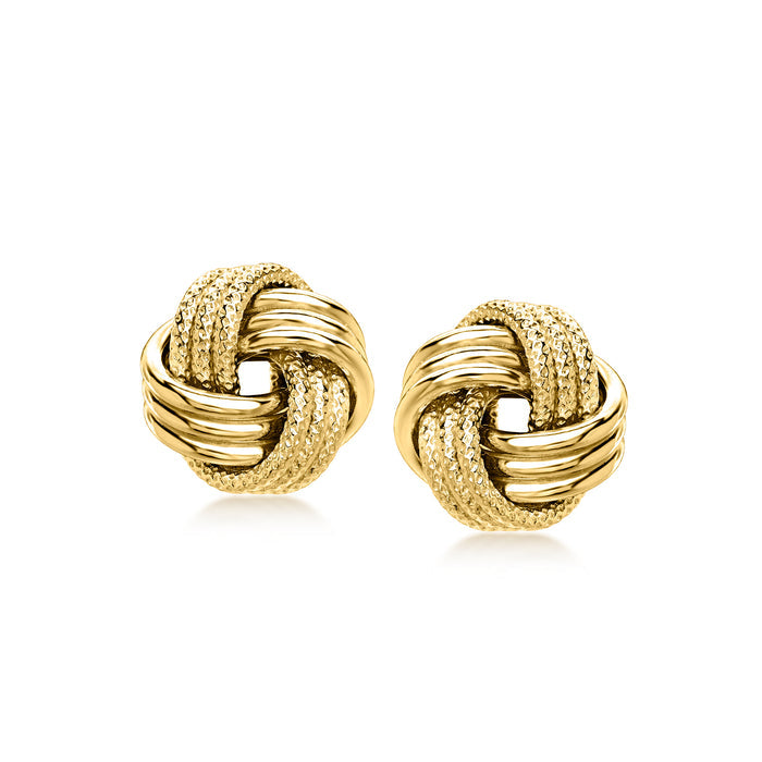 Gold love-knot stud earrings with textured and polished swirl details