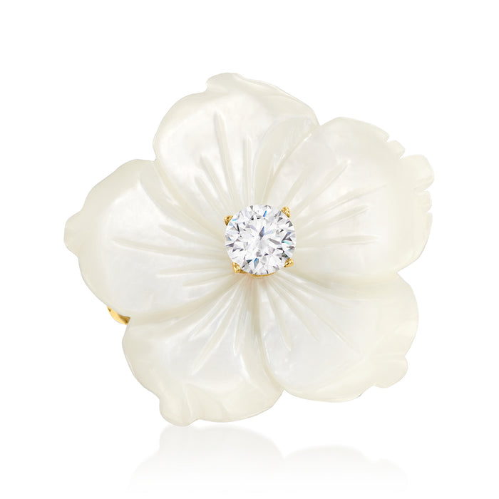 Gold flower ring with white mother-of-pearl petals and round CZ center, top view
