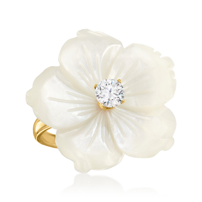 Gold mother-of-pearl flower ring with round CZ center, side angle