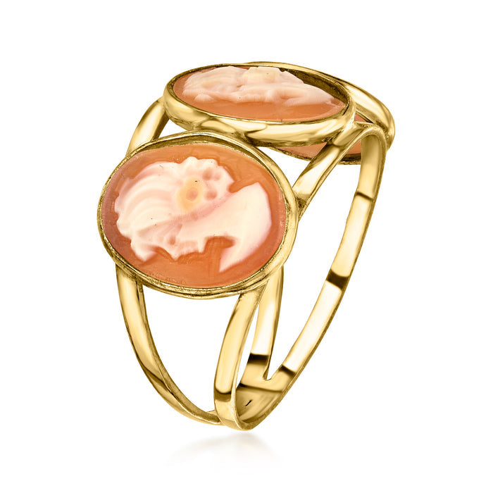 Gold-tone ring with two oval shell cameo bezels and openwork setting
