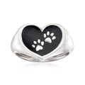Sterling silver heart paw-print ring with black enamel, polished band