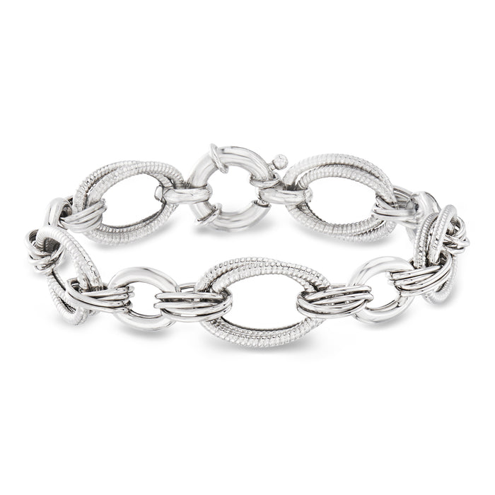 Italian sterling silver multi-oval link bracelet with oval and round textured links